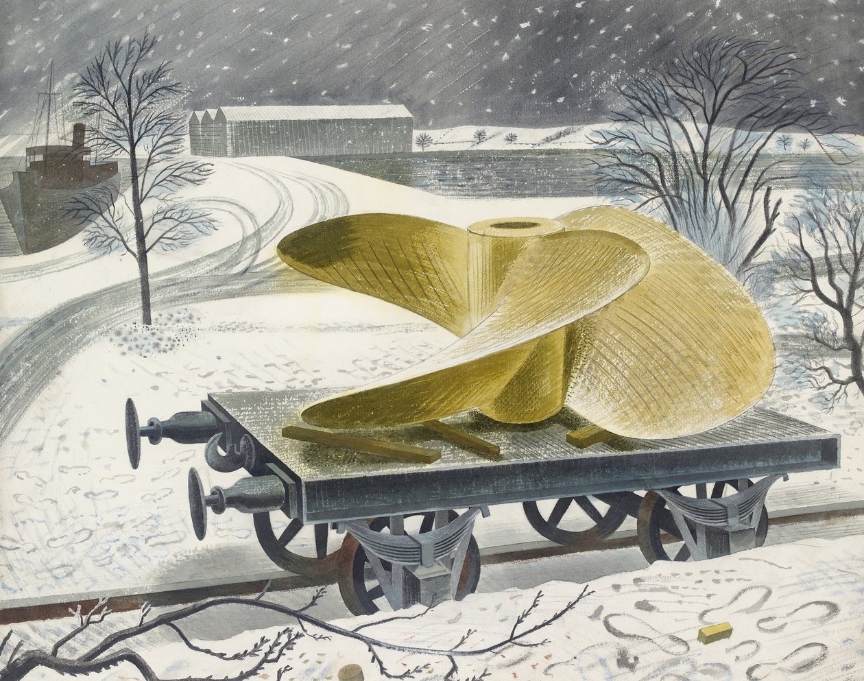Śruba okrętowa na wagonie kolejowym (akwarela na graficie, na papierze) autorstwa Eric Ravilious