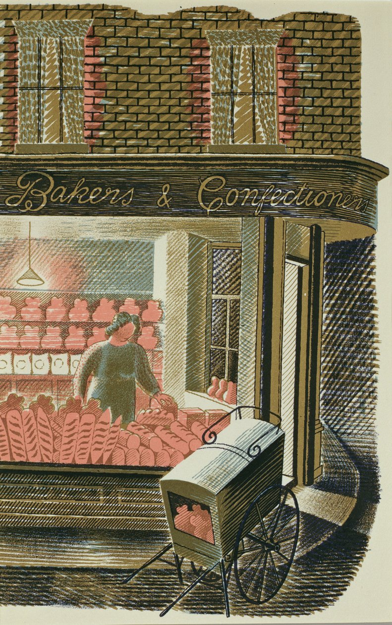 The Bakers and Confectioners, wydrukowane przez Curwen Press, z „High Street”, J.M. Richards, opublikowane przez „Country Life”, 1938 (zestaw 24) (litografia kolorowa) autorstwa Eric Ravilious
