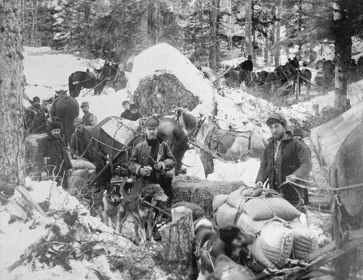 Poszukiwacze wspinający się na Porcupine Hill na Skagway Trail na Alasce podczas gorączki złota w Klondike (1897-98) 1898 (zdjęcie czarno-białe) autorstwa Eric A. Hegg