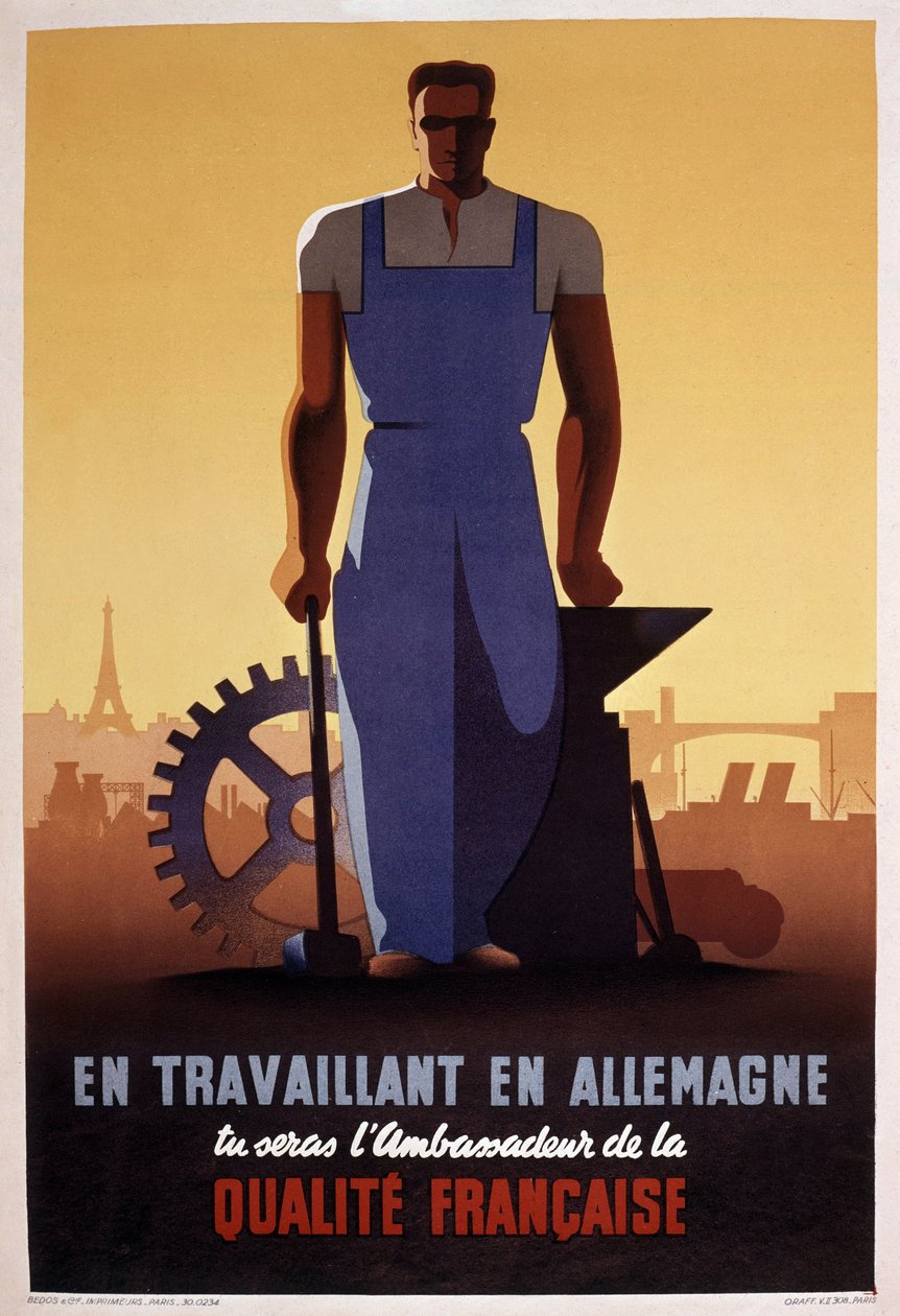 Francuski plakat propagandowy STO (organizacji pracy przymusowej utworzonej w 1943 r. podczas niemieckiej okupacji Francji) autorstwa Eric Castel