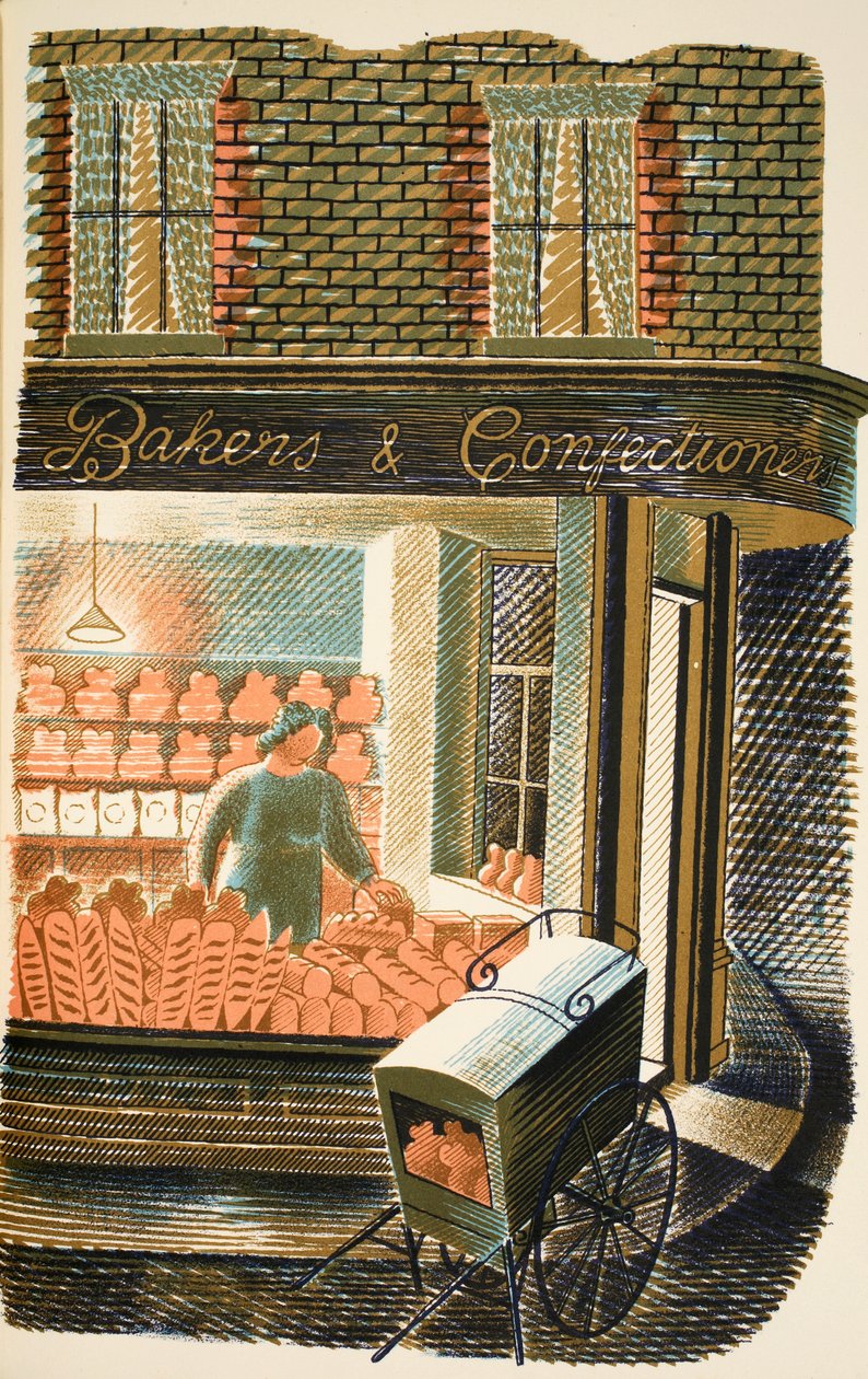 Baker and Confectioner, ilustracja z „High Street” J.M. Richardsa, wydrukowana przez Curwen Press, wyd. przez Życie na wsi, 1938 autorstwa Eric Ravilious