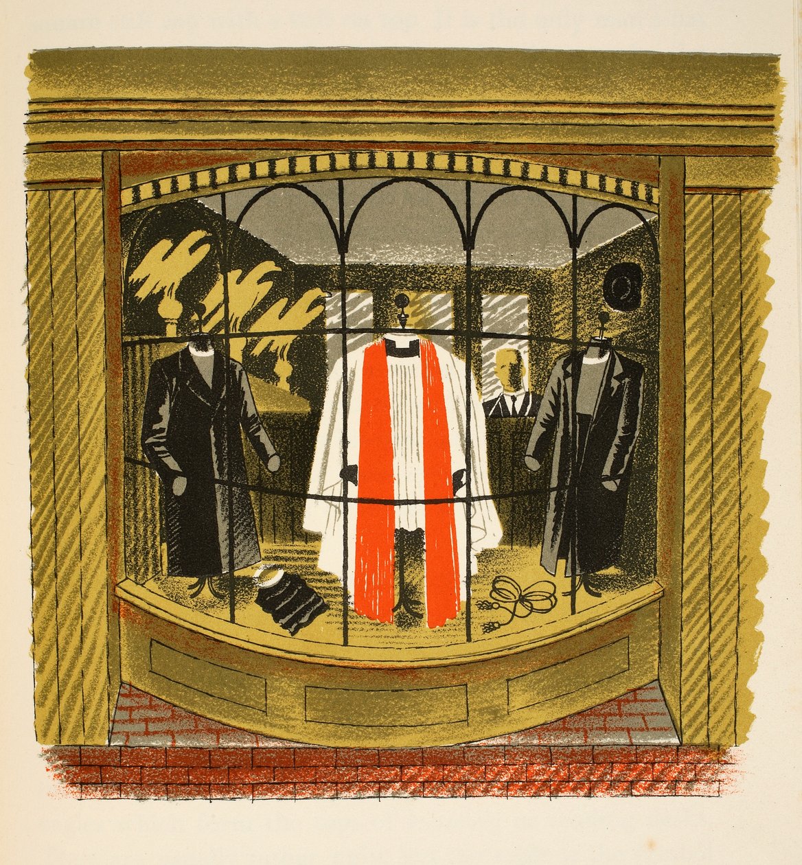 Clerical Outfitter, ilustracja z „High Street” J.M. Richardsa, wydrukowana przez Curwen Press, wyd. przez Życie na wsi, 1938 autorstwa Eric Ravilious