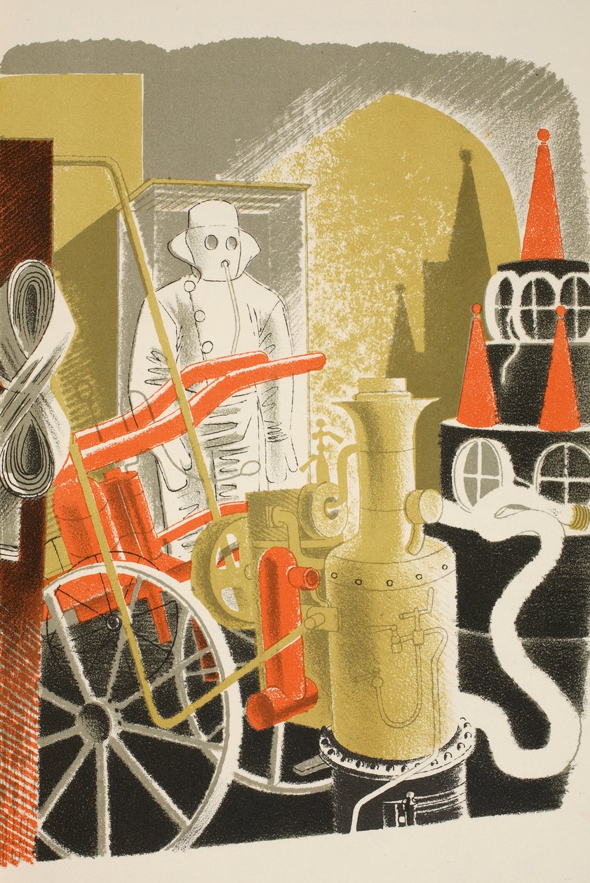 Inżynier straży pożarnej, ilustracja z „High Street” J.M. Richardsa, wydrukowana przez Curwen Press, wyd. przez Życie na wsi, 1938 autorstwa Eric Ravilious