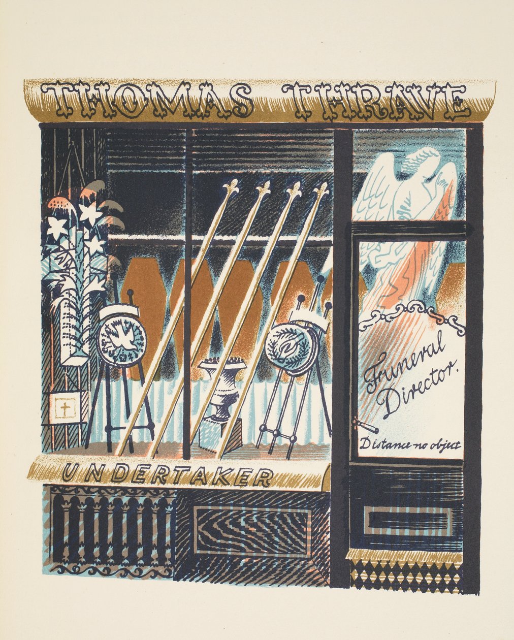 Zakład pogrzebowy, ilustracja z „High Street” J.M. Richardsa, wydrukowana przez Curwen Press, wyd. przez Życie na wsi, 1938 autorstwa Eric Ravilious