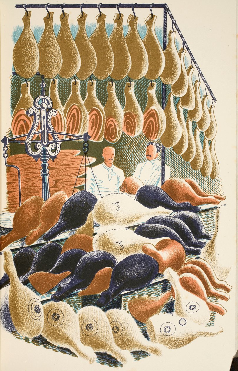 Szynki, ilustracja z „High Street” J.M. Richardsa, wydrukowana przez Curwen Press, wyd. przez Życie na wsi, 1938 autorstwa Eric Ravilious