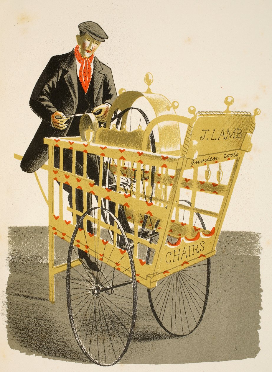 Szlifierka do noży, ilustracja z „High Street” J.M. Richardsa, wydrukowana przez Curwen Press, wyd. przez Życie na wsi, 1938 autorstwa Eric Ravilious