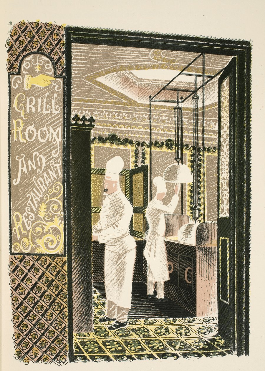 Restauracja i Grill Room, ilustracja z "High Street" J.M. Richardsa, wydrukowana przez Curwen Press, opublikowana przez Country Life, 1938. autorstwa Eric Ravilious