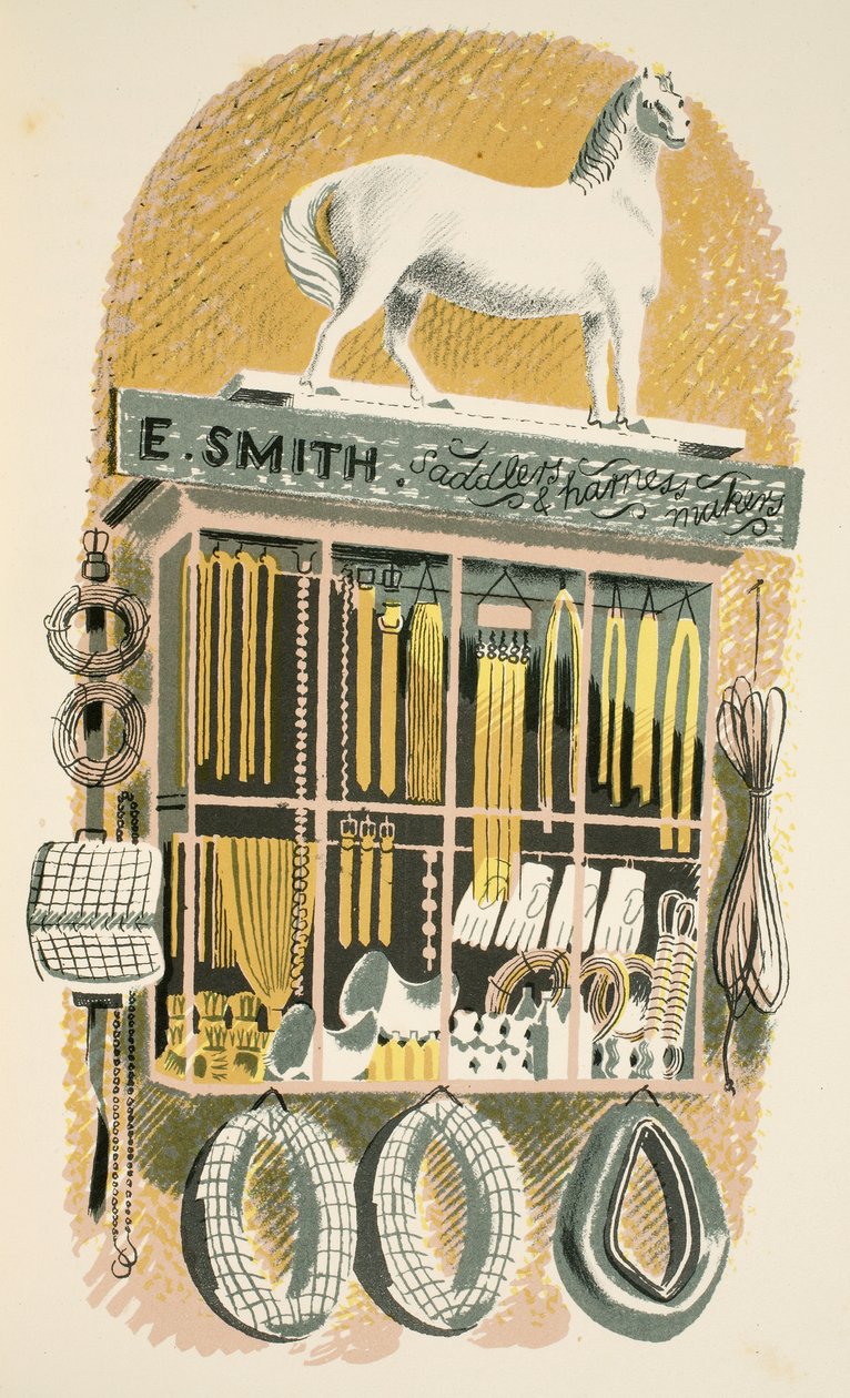 Saddler and Harness Maker, ilustracja z „High Street” J.M. Richardsa, wydrukowana przez Curwen Press, wyd. przez Życie na wsi, 1938 autorstwa Eric Ravilious
