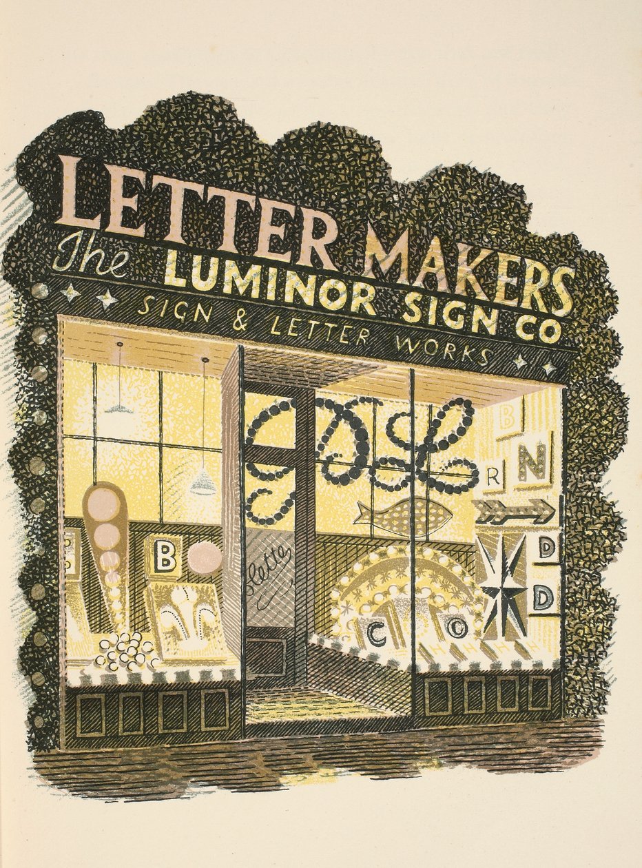 Sign Maker, ilustracja z „High Street” J.M. Richardsa, wydrukowana przez Curwen Press, wyd. przez Życie na wsi, 1938 autorstwa Eric Ravilious