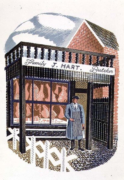 The Butchers Shop, wydrukowany przez Curwen Press, z High Street, J.M. Richards, opublikowany przez Country Life, 1938 (zestaw 24) autorstwa Eric Ravilious