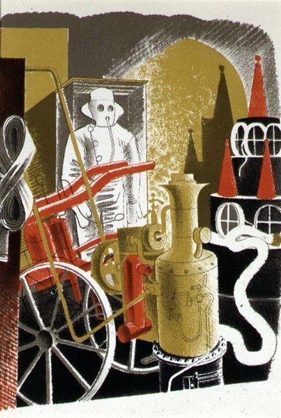 Inżynier straży pożarnej, wydrukowane przez Curwen Press, z „High Street”, J.M. Richards, opublikowane przez „Country Life” autorstwa Eric Ravilious
