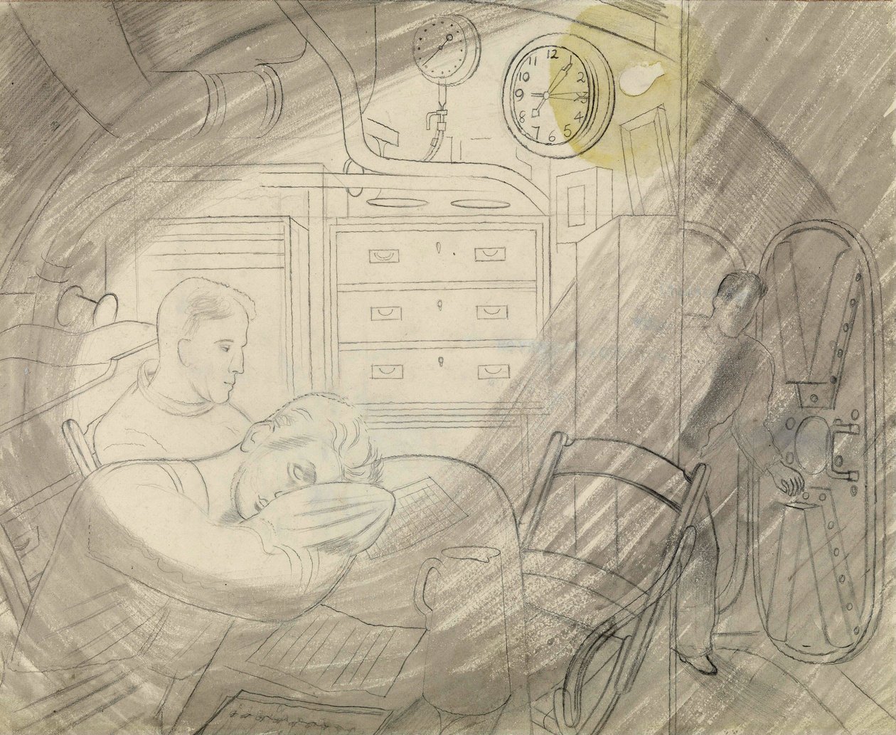 Kabina (lub kwadrat) starszych oficerów okrętu podwodnego. Seria ołówków autorstwa Erica Raviliousa (1903-1942), zaokrętowanego na okręcie podwodnym podczas II wojny światowej (1939-1945). autorstwa Eric Ravilious