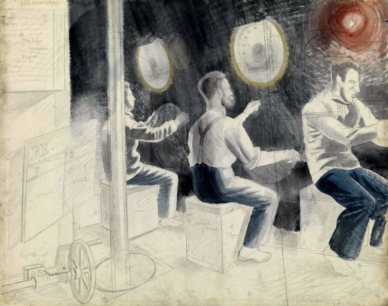 Pomieszczenie kontroli nurkowania podczas zanurzania okrętu podwodnego. Seria ołówków autorstwa Erica Raviliousa (1903-1942), zaokrętowanego na okręcie podwodnym podczas II wojny światowej (1939-1945). autorstwa Eric Ravilious