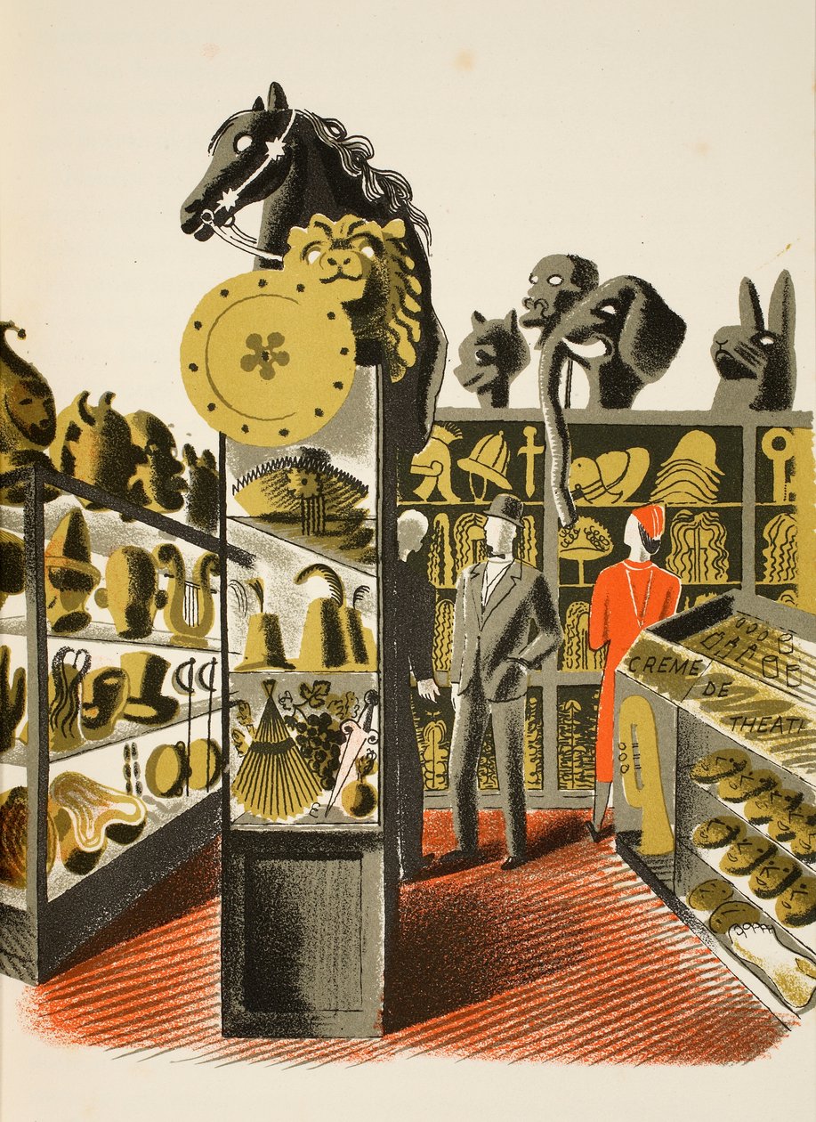 Wypożyczalnia kostiumów teatralnych i rekwizytów, ilustracja z „High Street” J.M. Richardsa, wydrukowana przez Curwen Press, wyd. przez Życie na wsi, 1938 autorstwa Eric Ravilious