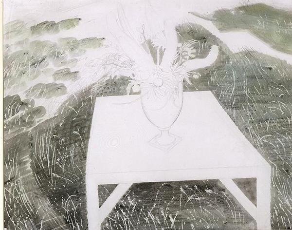 Wazon z kwiatami w ogrodzie (ołówek i akwarela na papierze) autorstwa Eric Ravilious