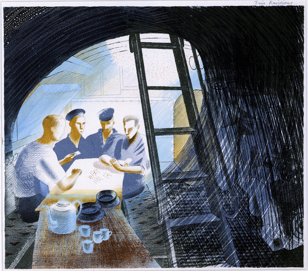 Widok mesy oficerskiej na zanurzonym okręcie podwodnym z przyborami kuchennymi i czterema marynarzami grającymi w karty. autorstwa Eric Ravilious
