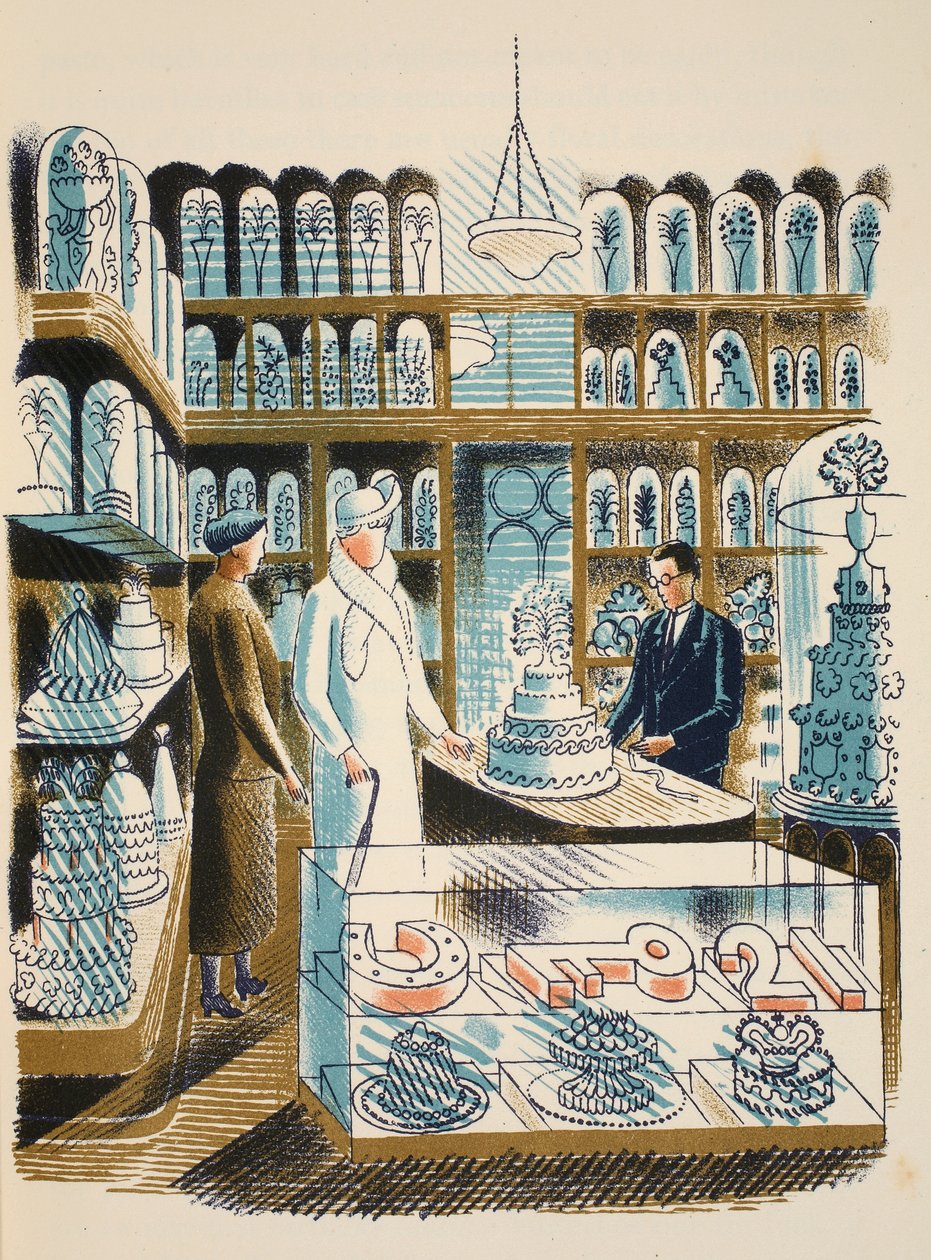 Tort weselny, ilustracja z "High Street" J.M. Richardsa, wydrukowana przez Curwen Press, opublikowana przez Country Life, 1938. autorstwa Eric Ravilious