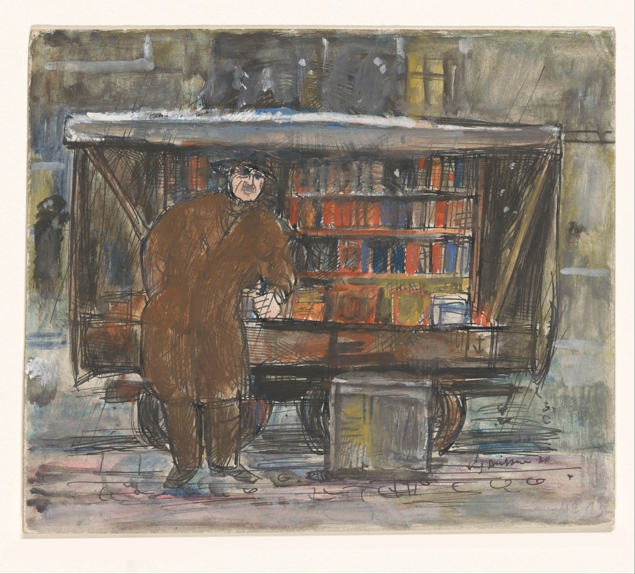Księgarz przed wózkiem na książki autorstwa Erich Büttner (signed by artist)