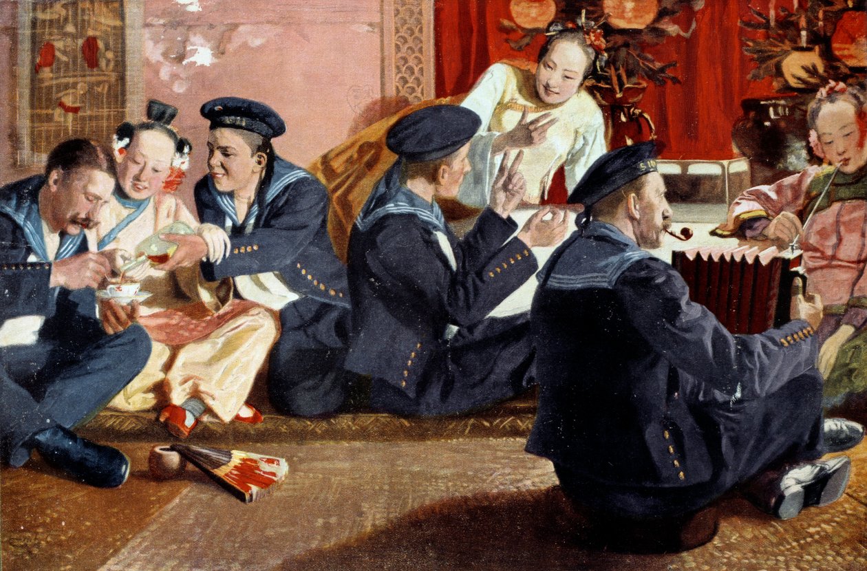 Marynarze w chińskim domu na podstawie obrazu Ericha Eltze (1865-). Rycina XIX wieku. Paryż, Sztuka Dekoracyjna autorstwa Erich Eltze