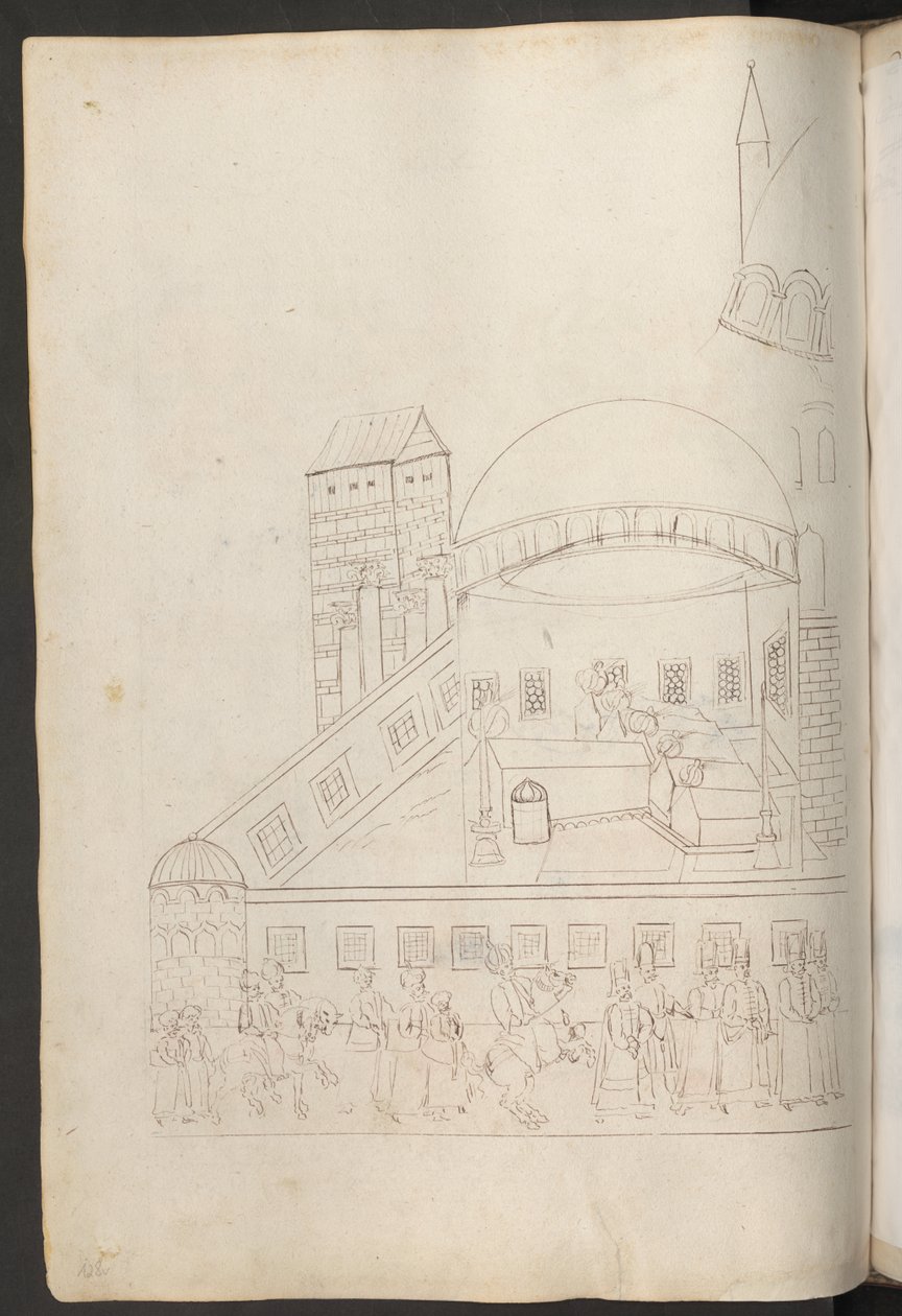 Rysunek piórkiem: wewnętrzny dziedziniec meczetu autorstwa Erich Lessing