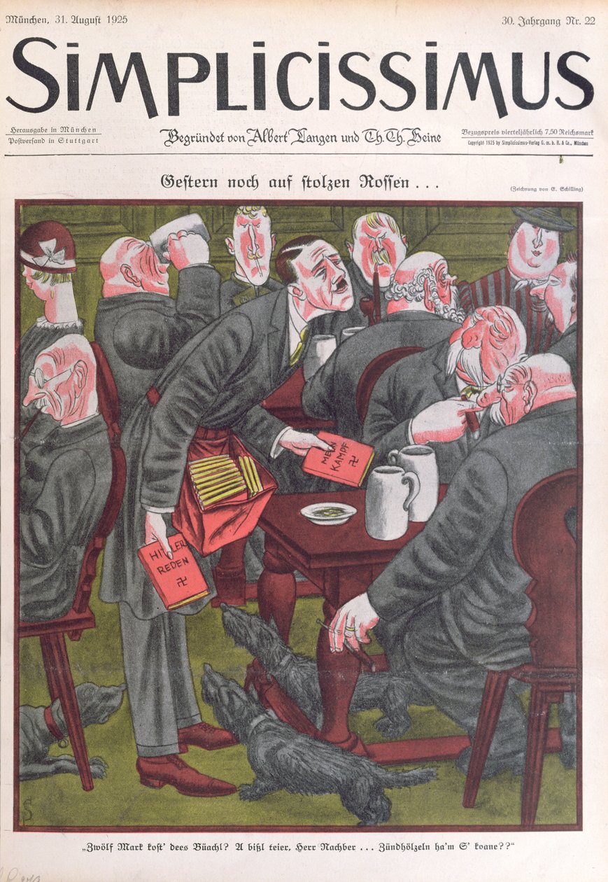 Adolf Hitler (1889-1945) sprzedający egzemplarze „Mein Kampf” w monachijskich halach piwnych, okładka „Simplicissimus”, 25 sierpnia 1925 (litografia kolorowa) autorstwa Erich Schilling