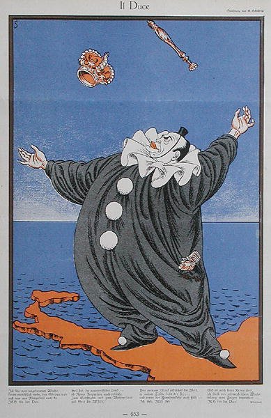 Karykatura Benito Mussoliniego (1883-1945), z magazynu „Simplicissimus”. 8 lutego 1926 (kolor lito) autorstwa Erich Schilling