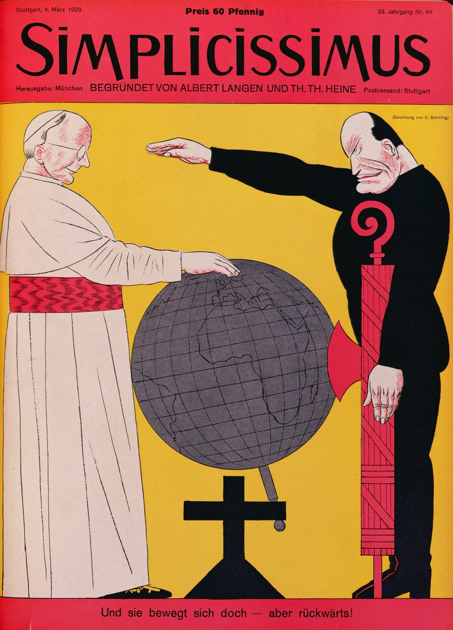 Papież Pius XI (1857-1939) i Mussolini (1883-1945) w czasie traktatu laterańskiego 1929, ilustracja na okładce magazynu „Simplicissimus”, 4 marca 1929 (kolor lito) autorstwa Erich Schilling