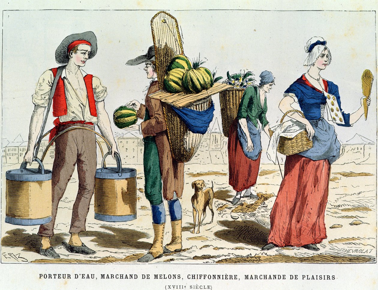 Nosiciel wody, sprzedawca melonów, kobieta z kością i cukiernik w XVIII wieku, z Costumes de Paris a Travers les Siecles, wyd. Roy, wyd. 1887 (rycina kolorowa) autorstwa Eriz