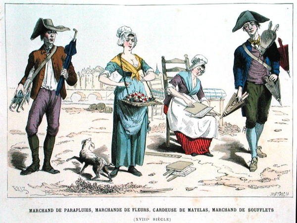 Sprzedawca parasoli, sprzedawca kwiatów, sprzedawca wełny materacowej i sprzedawca mieszków w XVIII wieku, z „Costumes de Paris a Travers les Siecles”, wyd. Roy, opublikowany 1887 (kolor grawerowany) autorstwa Eriz (after)