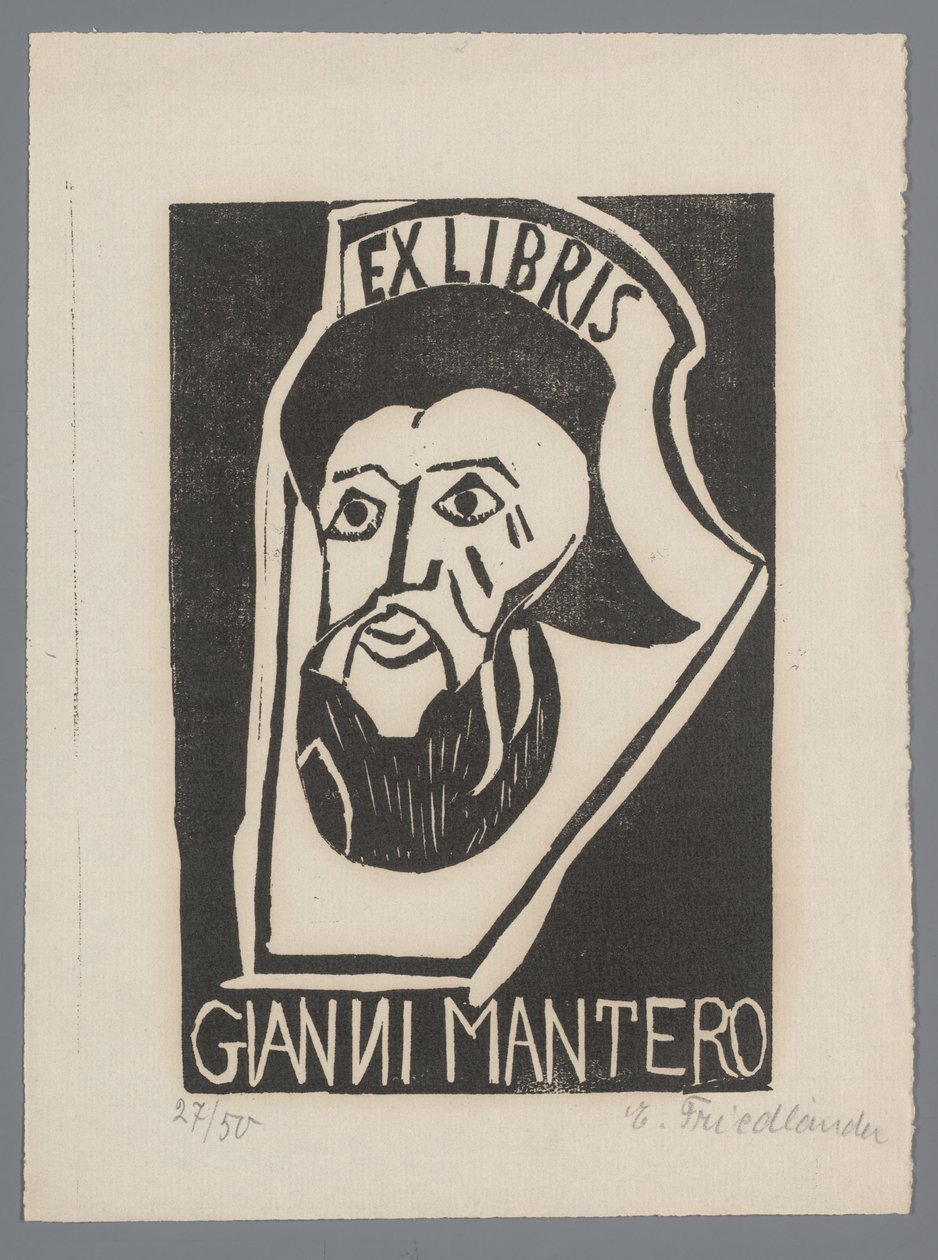 Ekslibris van Gianni Mantero autorstwa Erna Levy Friedländer (signed by artist)