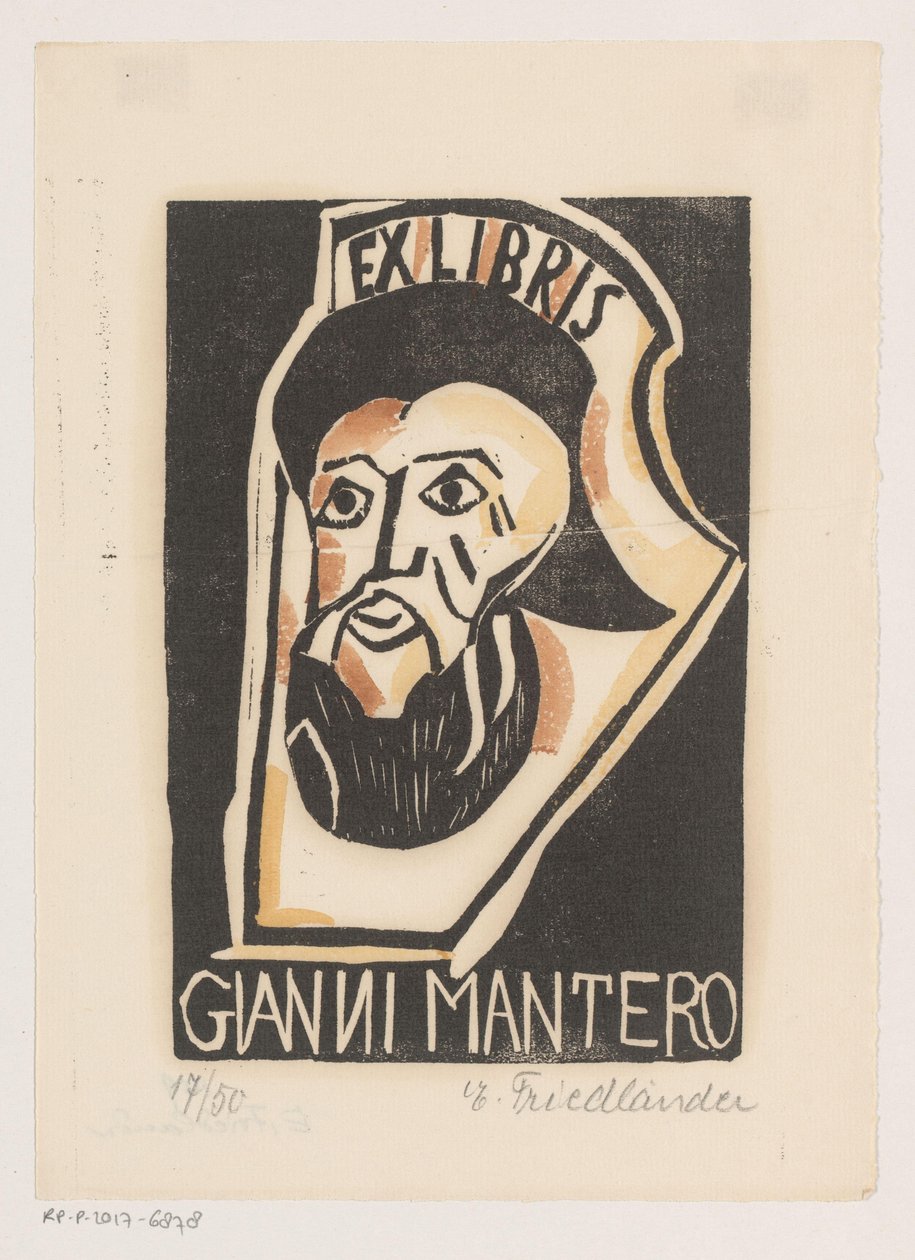 Ekslibris van Gianni Mantero autorstwa Erna Levy Friedländer (signed by artist)