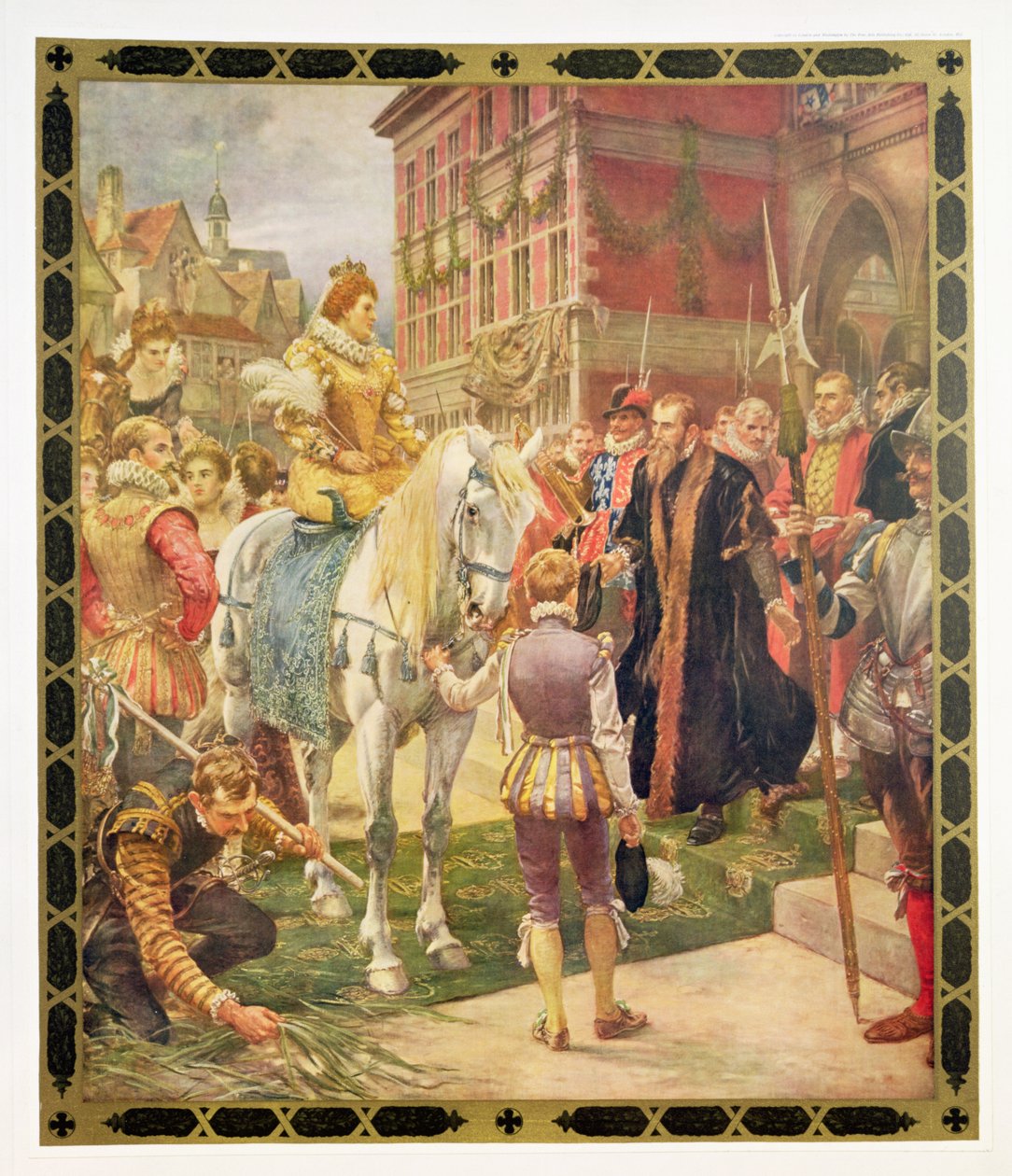 Królowa Elżbieta I (1530-1603) otwierająca Królewską Giełdę w 1570 r., ilustracja z „Historii narodu brytyjskiego” Hutchinsonów autorstwa Ernest Crofts
