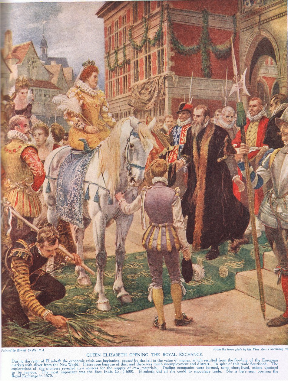 Królowa Elżbieta I otwierająca Royal Exchange w 1570 r., ilustracja z „Historii narodu brytyjskiego” Hutchinsonów autorstwa Ernest Crofts