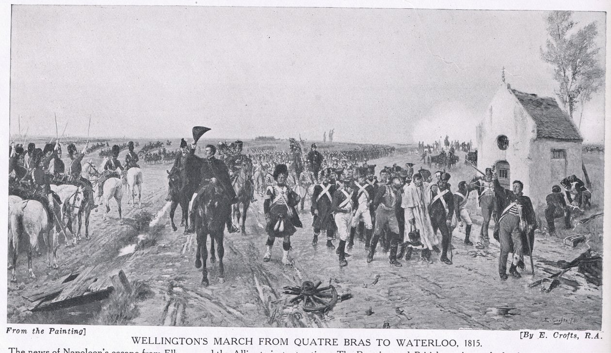 Marsz Wellingtona od Quatre Bras do Waterloo, 1815, ilustracja z „Historii Narodów Hutchinsona”, c.1910 autorstwa Ernest Crofts