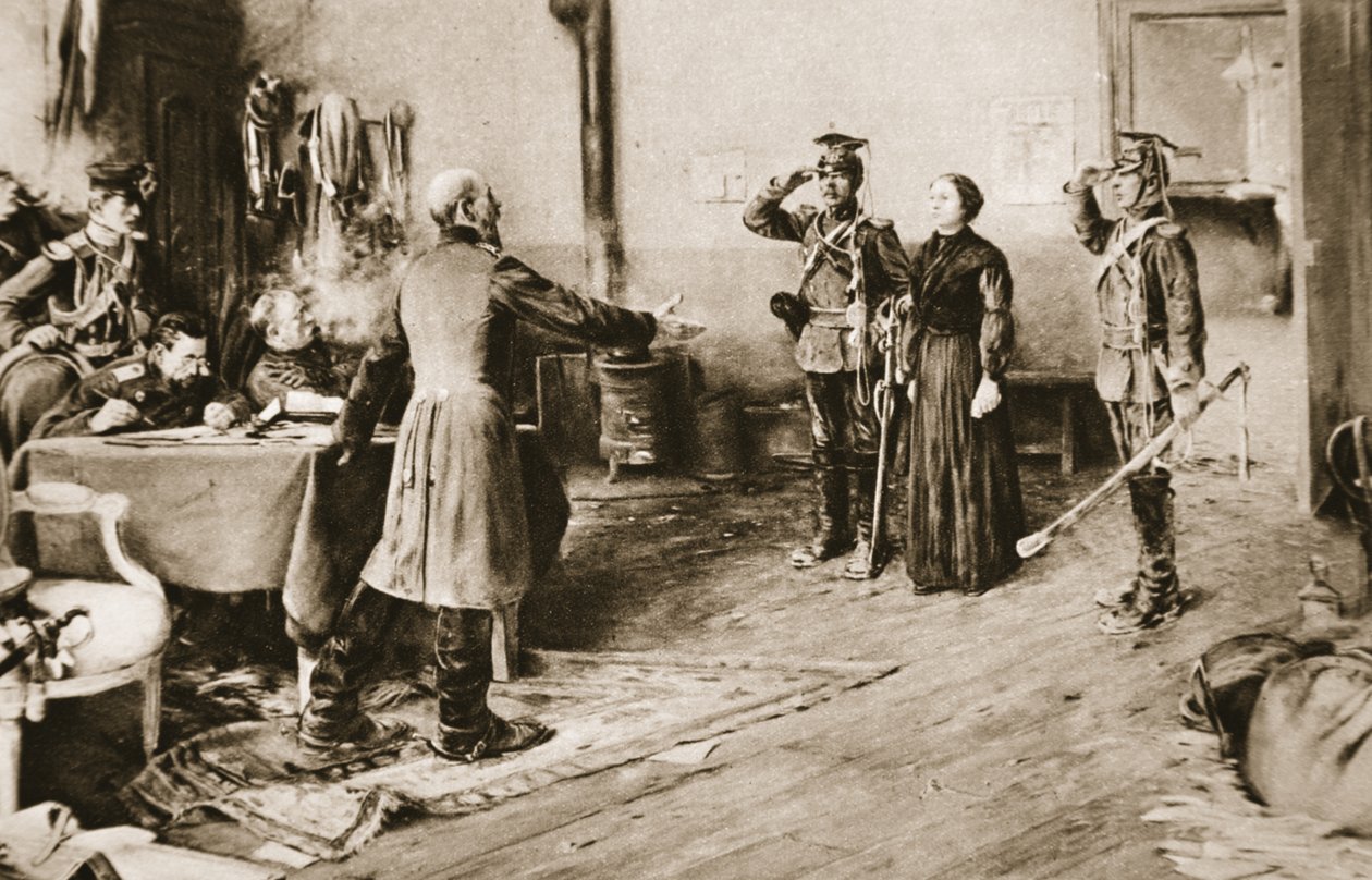 Juliette Dodu zostaje ułaskawiona za swoją wielką odwagę przez księcia pruskiego Fryderyka Karola w 1870 roku, z „Ilustrowanych wiadomości wojennych”, 1914 autorstwa Ernest Delahaye