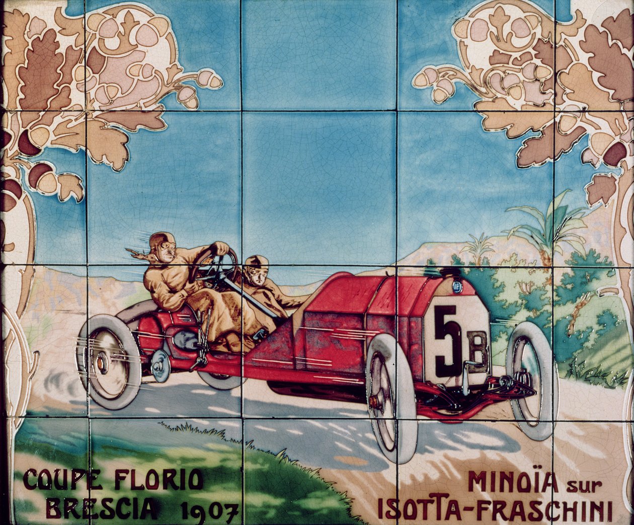 Minoia prowadząca samochód Isotta Fraschini w Pucharze Florio Brescia 1907: płytki ceramiczne wyprodukowane przez Gilardoni Fils et Cie z Paryża, według rysunku Ernesta Montauta (1877-1909), 1908-10 autorstwa Ernest Montaut