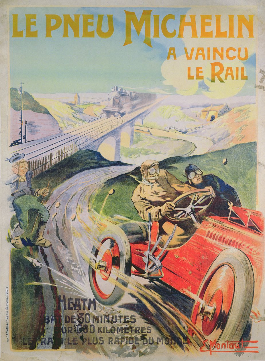 Plakat reklamowy "Opony Michelin są szybsze niż kolej!". autorstwa Ernest Montaut