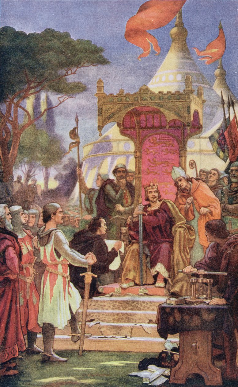Król Jan (1167-1216) podczas podpisania Magna Carta, 15 czerwca 1215, ilustracja z „Hutchinson