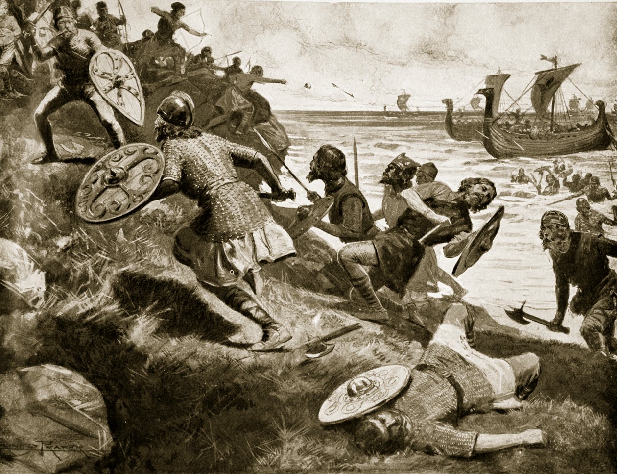 Król Caedwalla atakuje wyspę Wight, 686, ilustracja z „Historii narodu” autorstwa Ernest Prater