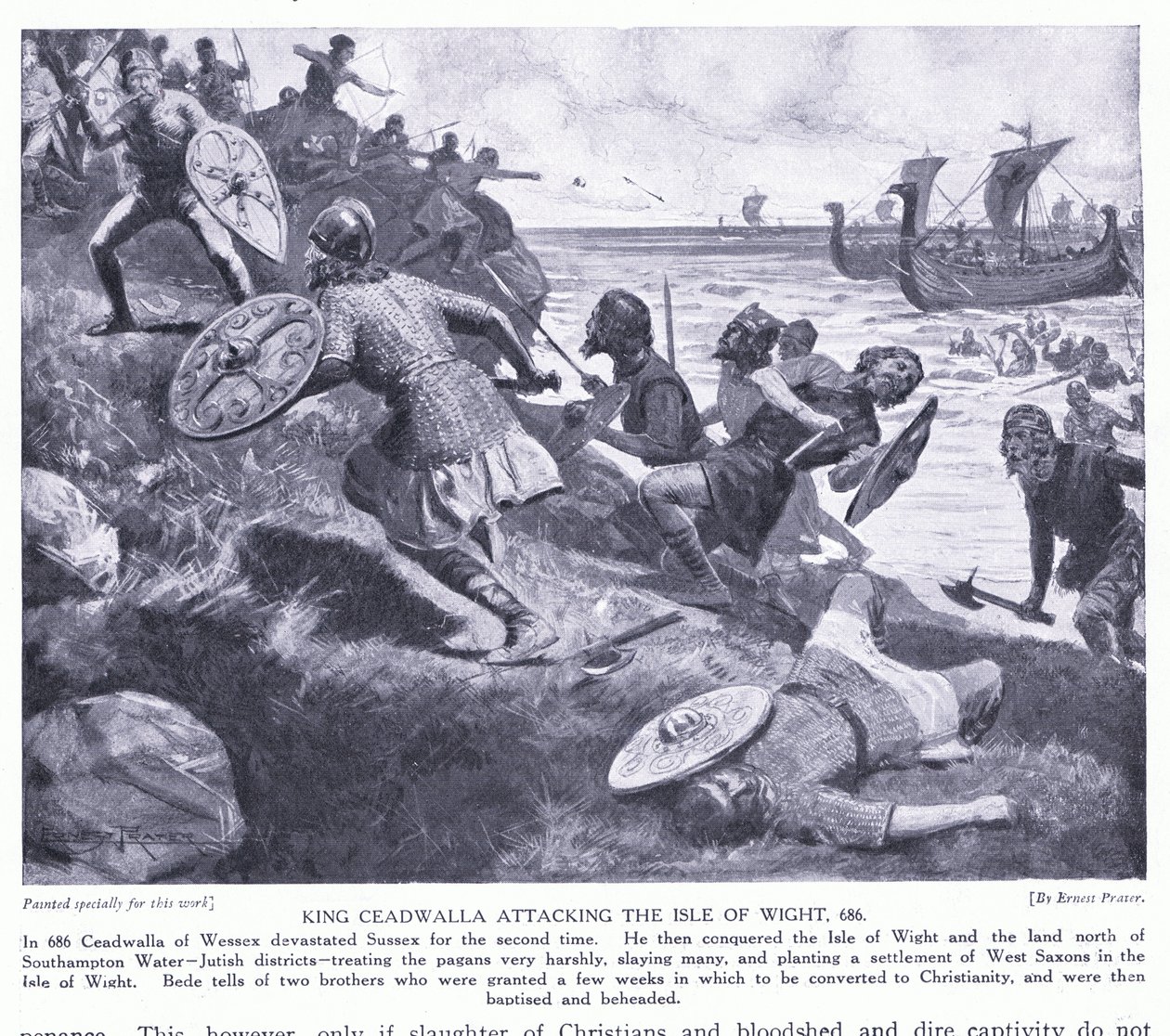 Król Ceadwalla atakuje Isle of Wight AD686, 1920 autorstwa Ernest Prater