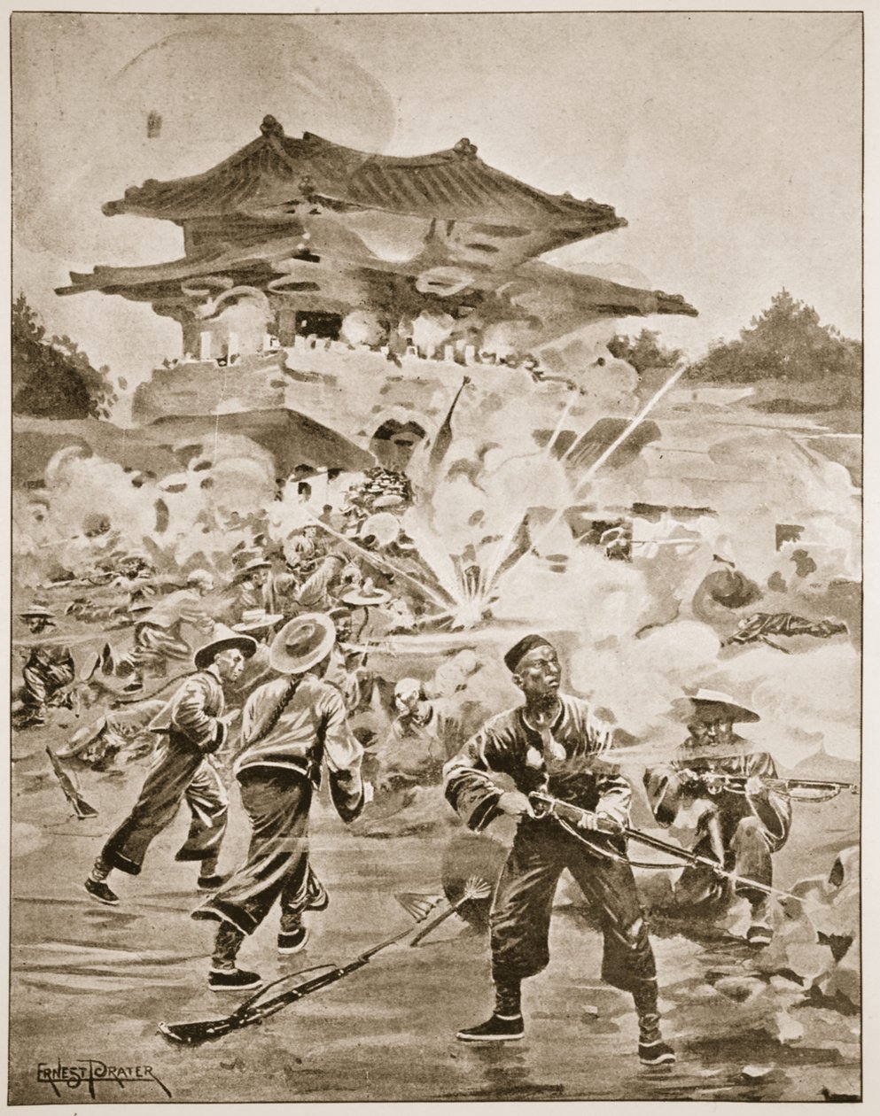 Wojna chińsko-japońska, Bitwa pod Ping Yang: walka o odległe forty, ilustracja z „Bitwy XIX wieku”, tom. V: Kampanie lat dziewięćdziesiątych — A. Hilliard Atteridge (l autorstwa Ernest Prater