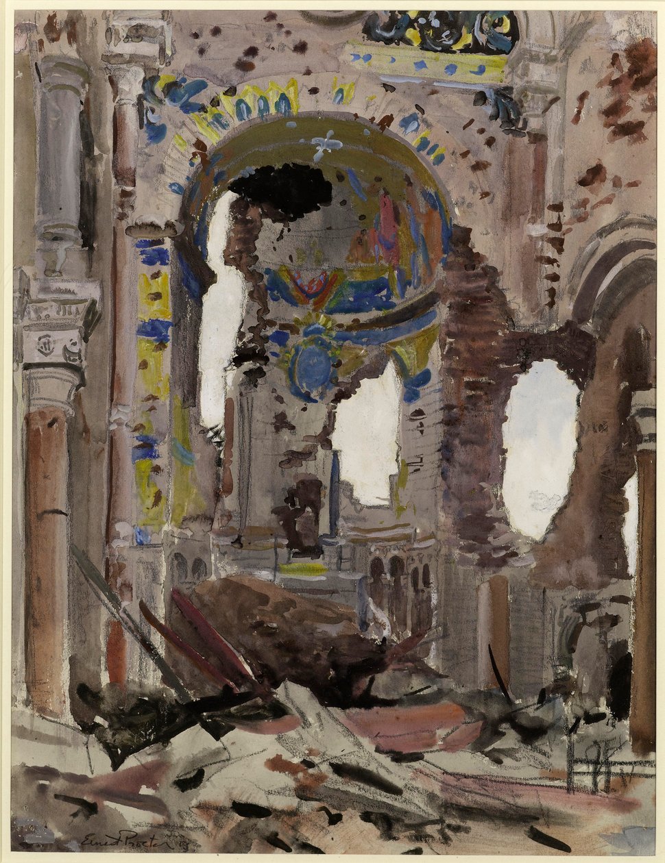 Альберт сүмийн бөмбөгдөлтөд өртсөн дотоод засал, 1918 (цаасан дээрх ариун цэврийн өрөө)поли autorstwa Ernest Procter