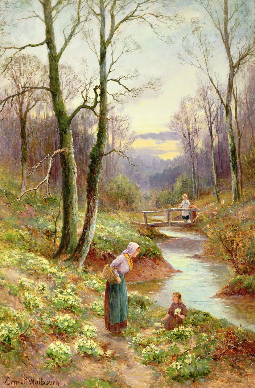 Zbieranie pierwiosnków nad strumieniem autorstwa Ernest Walbourn