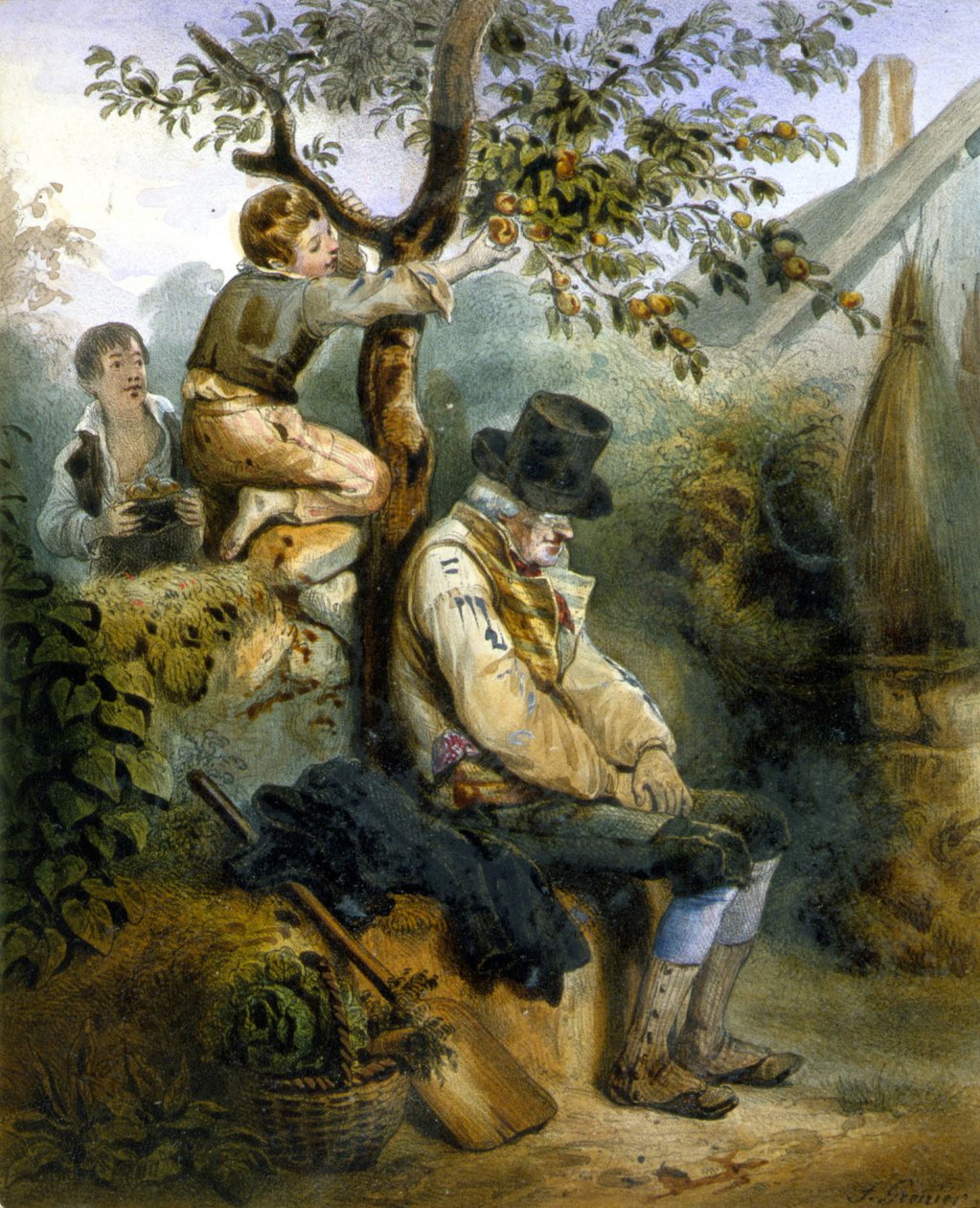 Dzieci kradnące jabłka pod nosem śpiącego rolnika - litografia Greniera, v.1840 autorstwa Ernest (after) Grenier