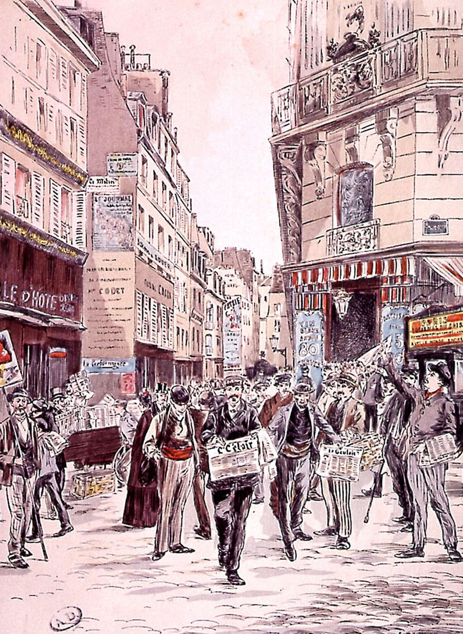 sprzedawcy gazet na ulicach Paryża w 1893 r., rycina autorstwa Ernest (after) Grenier