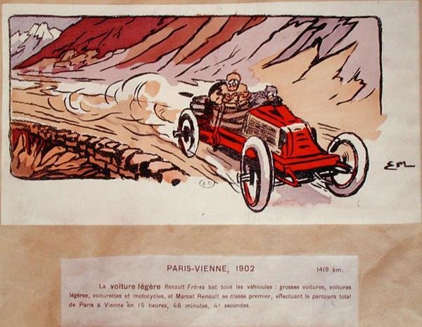 Marcel Renault (1872-1903) w swoim Renault Freres startujący w rajdzie Paryż-Wiedeń w 1902 r., ok. 1910 r. (litografia kolorowa) autorstwa Ernest (after) Montaut