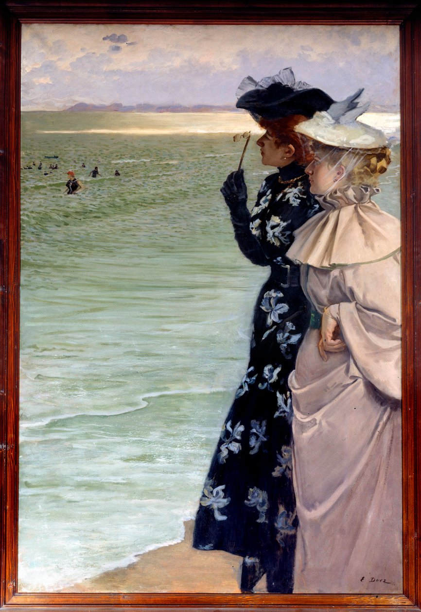 Piękny okres: „Czas kąpieli nad morzem”” Dwie kobiety na brzegu badające kąpiących się w binokle. Obraz Ernesta Ange Dueza (1843-1896) 1896 Nd. 1,06x1,6 m Rouen, musee des Beaux Arts - Belle epoque: „”Czas kąpieli nad morzem”” Dwie kobiety na autorstwa Ernest Ange Duez