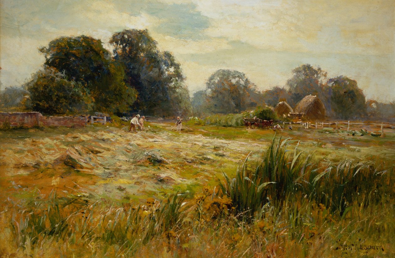 Turning the Hay, niedaleko Epping, Essex (olej na pokładzie) autorstwa Ernest C. Walbourne