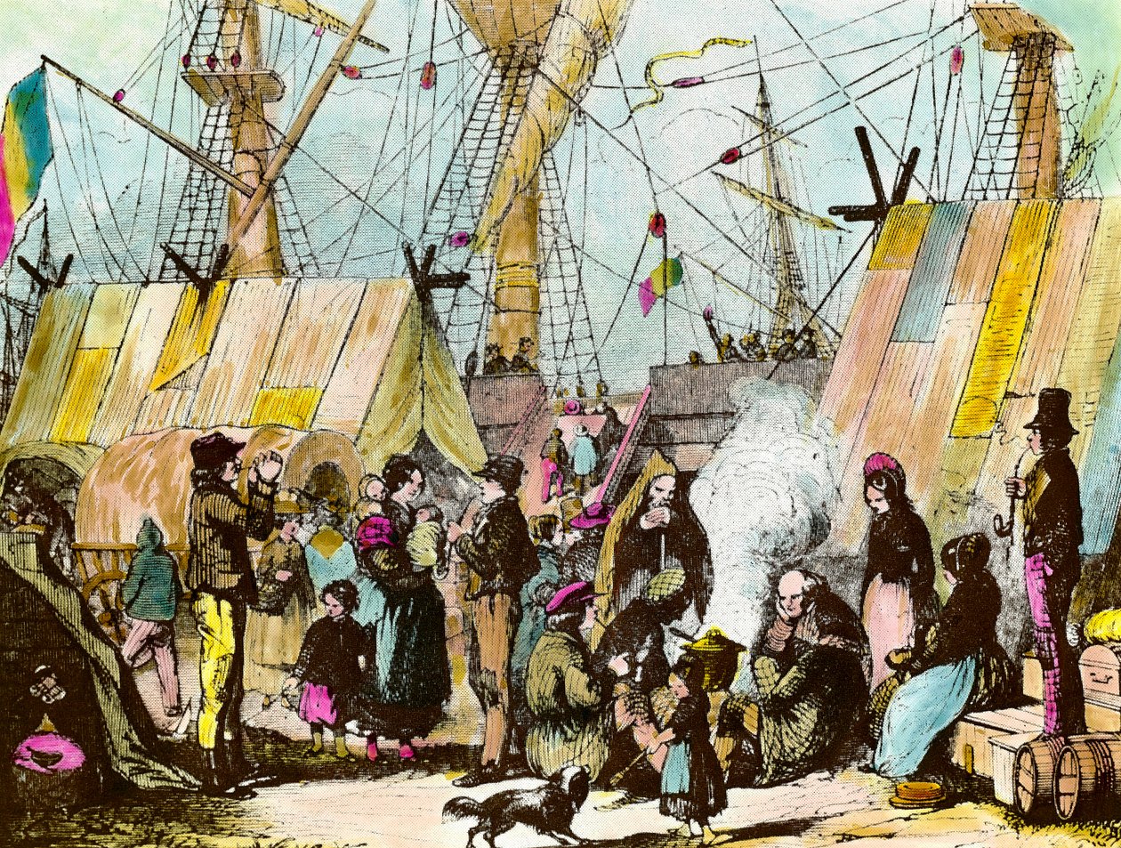 Rodziny emigrantów obozowały w porcie Le Havre. Grawer Ernesta Chartona (1813-1905) Grawer XIX-wiecznej kolekcji prywatnej autorstwa Ernest Charton