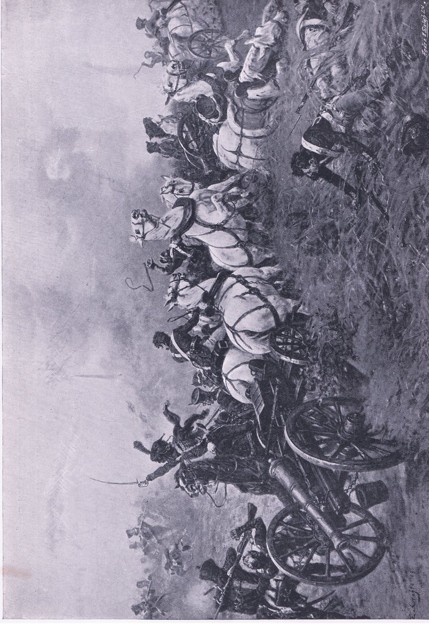 Zdobycie francuskiej baterii przez 52 Pułk Piechoty Lekkiej Oxfordshire pod Waterloo 18 czerwca 1815 , ilustracja z brytyjskich bitew lądowych i morskich , 1915 autorstwa Ernest Crofts